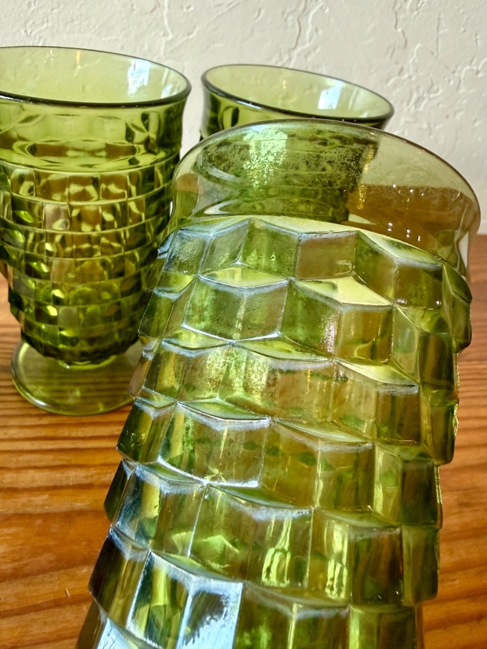 Indiana Glass Whitehall Cubist Olive Green Footed Tumblers Set of 4 - Picture 10 of 15